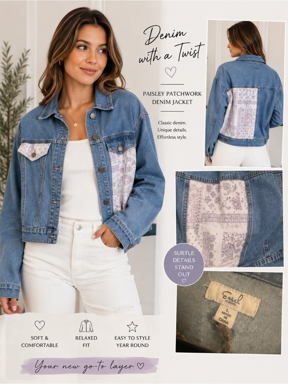 Easel Blue Jean Jacket with White Bandana Print, Size L